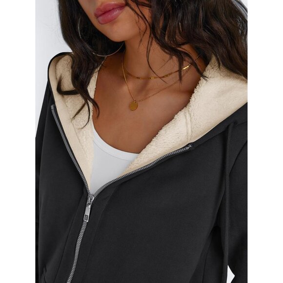 Womens Black Fleece Lined Zip Up Hoodie Jacket Winter Sweatshirt Fall Coat - Picture 5 of 5